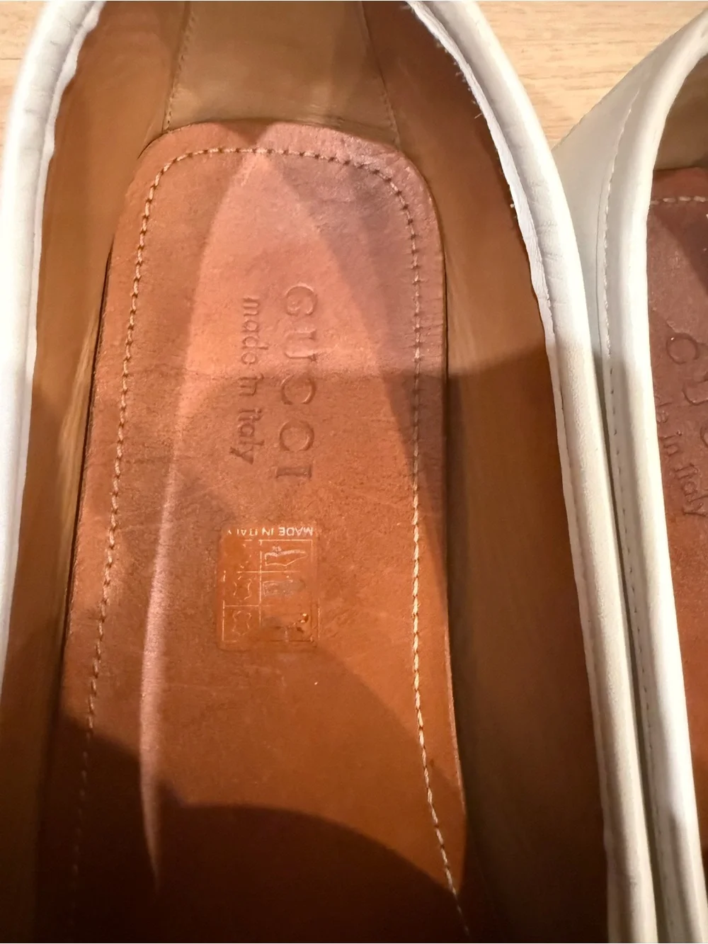 Gucci White Leather Loafers with Navy & Red Web and Silver Horsebit